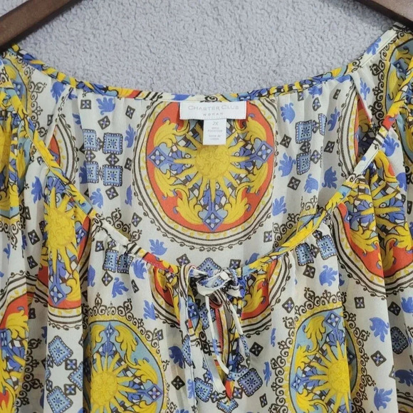 Charter Club Womens 2X Boho Medallion Print Peasant Chiffon Blouse     5PT - Picture 5 of 6